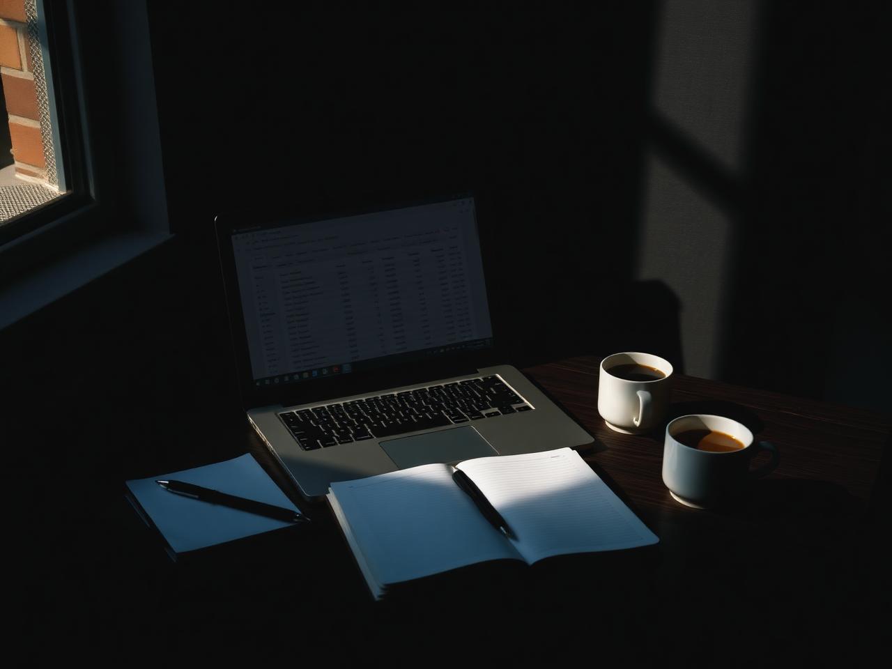 A founder's desk at dawn — laptop, notebook, and coffee